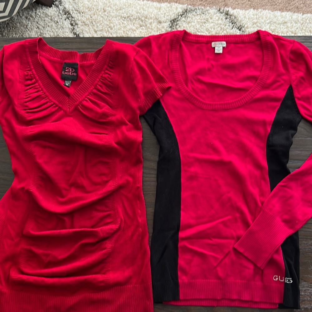 Two sweater dresses from Guess and bebe